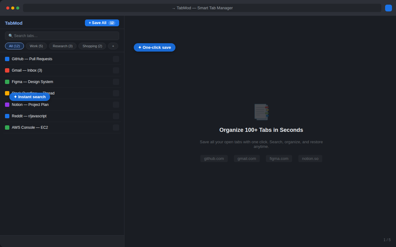 TabMod popup showing saved tab lists and workspaces